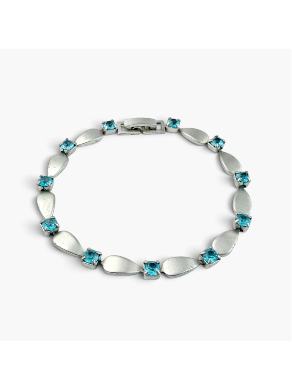 Vintage 1970s Blue Glass Bracelet, Matte Silvertone Metal, 7 Inch